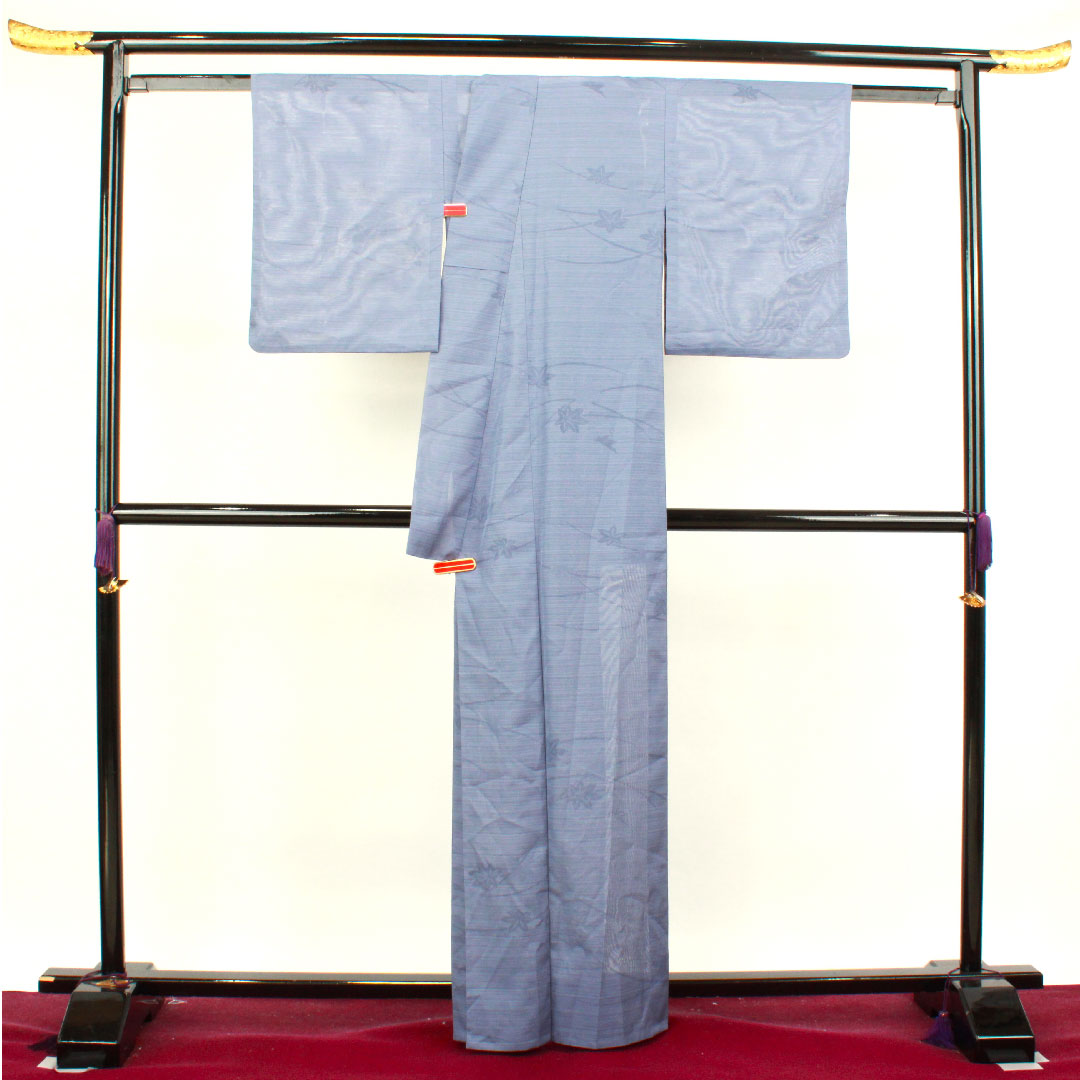 Summer kimono, polyester, plain color, length 163.5cm, sleeve length 62.5cm, Edo-nandou color, autumn leaves, washable kimono, silk, S rank, blue, 1132000852417