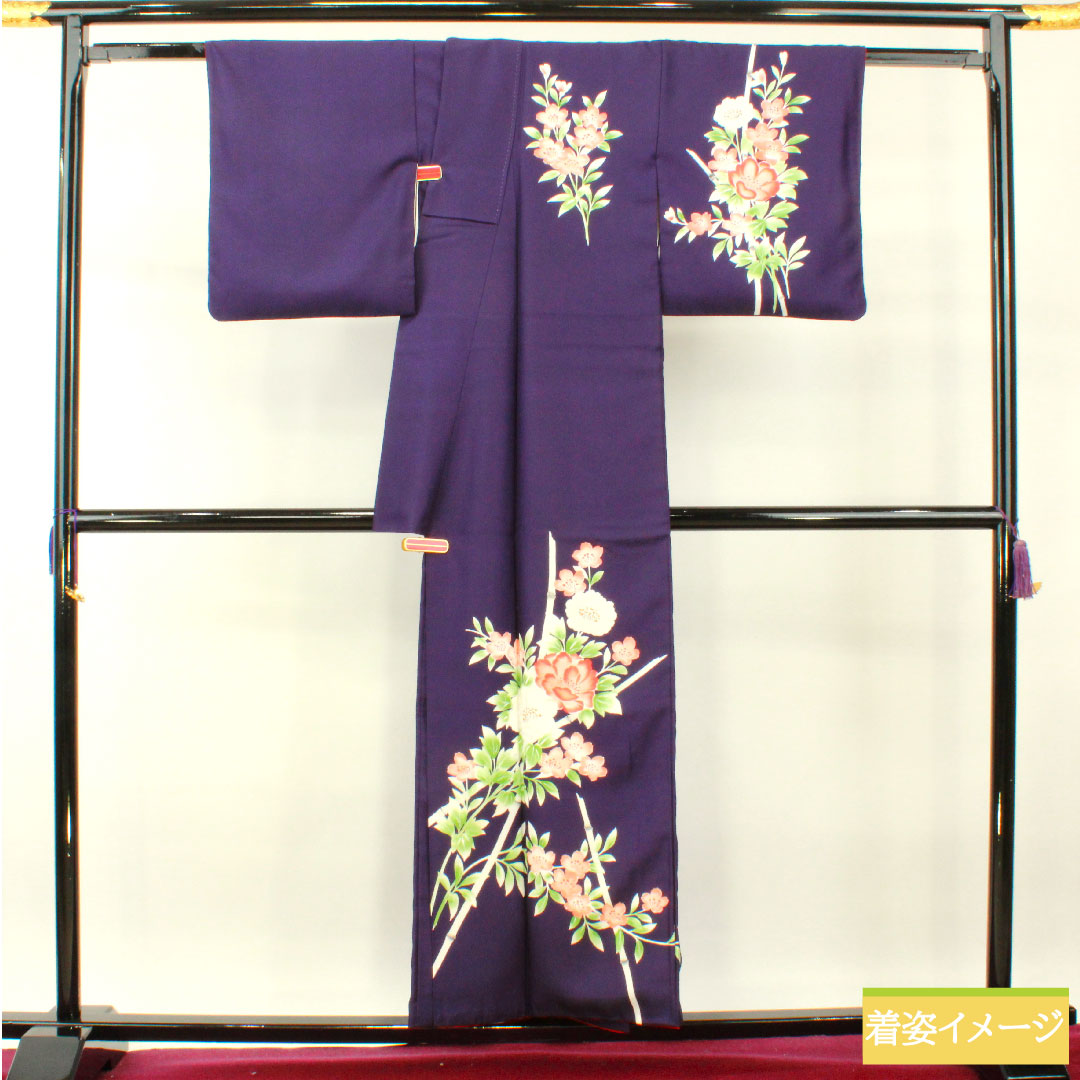 Homongi (formal kimono) made of polyester, lined, length 155.5cm, sleeve length 64.5cm, dark blue, washable, floral pattern, tsukesage, A rank, purple, 1112004233320