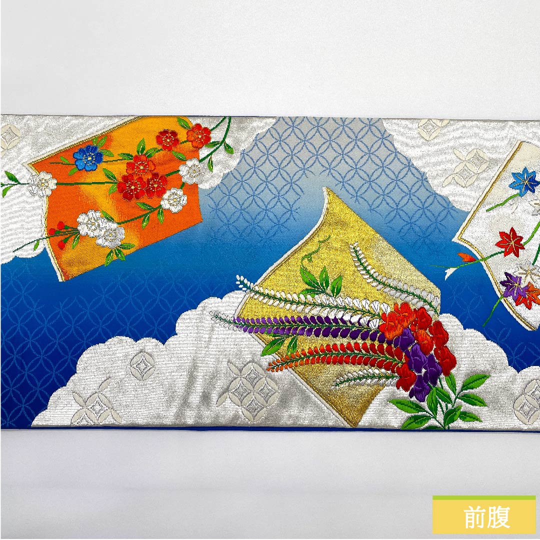 袋帯 瑠璃色(るりいろ) 七宝 藤の花 桜 帯丈420cm 正絹 Aランク 六通 フォーマル 青系 1123010073317