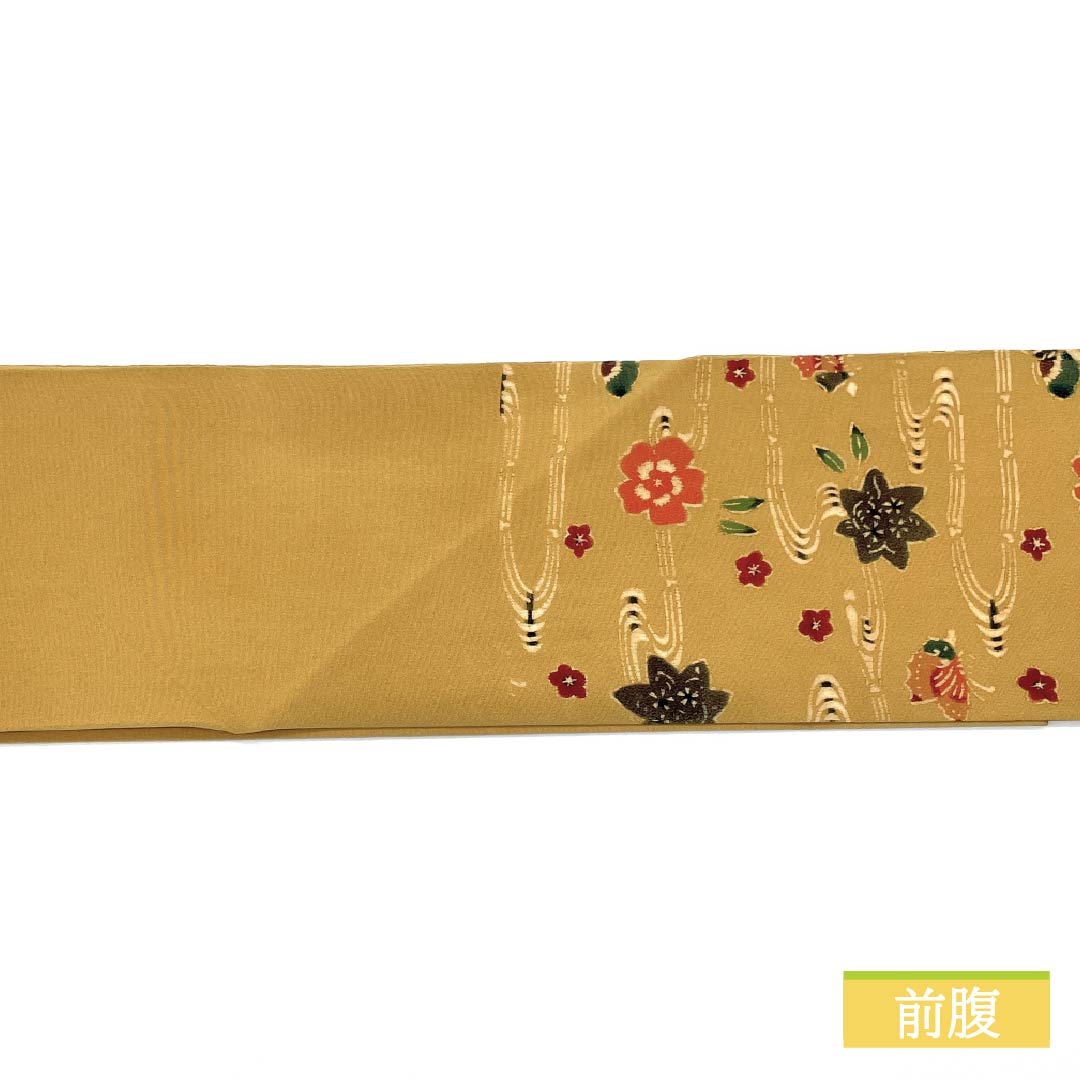 名古屋帯 土布色(トウプースーいろ) 京紅型 蝶 紅葉 帯丈352cm 正絹 Aランク 六通 カジュアル 黄系 1124006563323 名古屋仕立て
