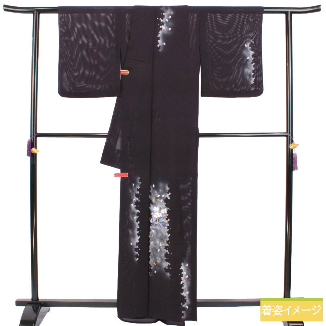 Summer Formal Silk Kimono, S Rank, Length 162.5cm, Sleeve-to-Sleeve 65cm, Dark Purple, Tsukesage, Cherry Blossom and Floral Pattern, Ro, Purple Tones, 1132003612420