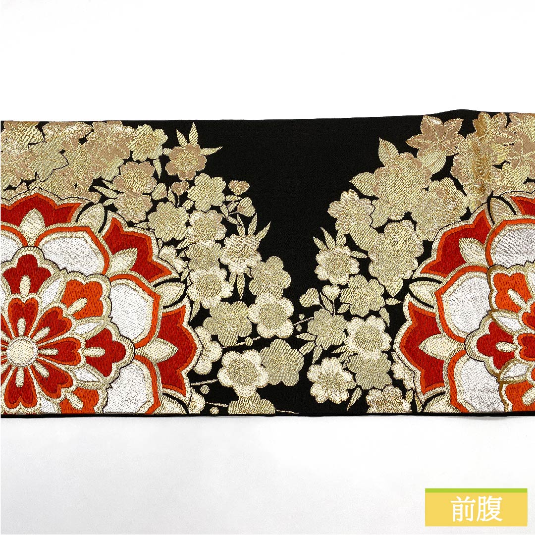 Fukuro Obi, Pure Silk, Black, Flower Pattern, Cherry Blossoms, Plum Blossoms, Autumn Leaves, Obi Length 416cm, S Rank, Six-way, Formal, Black, 1123011752310
