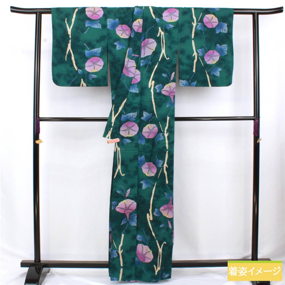 Cotton Yukata, Length 162cm, Sleeve Length 63cm, S Rank, Single Layer, Green and Blue-Black (Sokokuiro) Colors, Morning Glory Pattern, 1118006622419