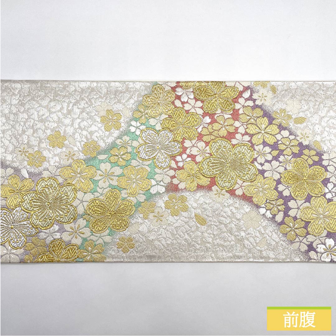 Fukuro Obi (Sash) - Pure Silk, Silver-White Color, Cherry Blossoms, Length 450cm, A Rank, Six-Way, Formal, Silver, 1123012133422