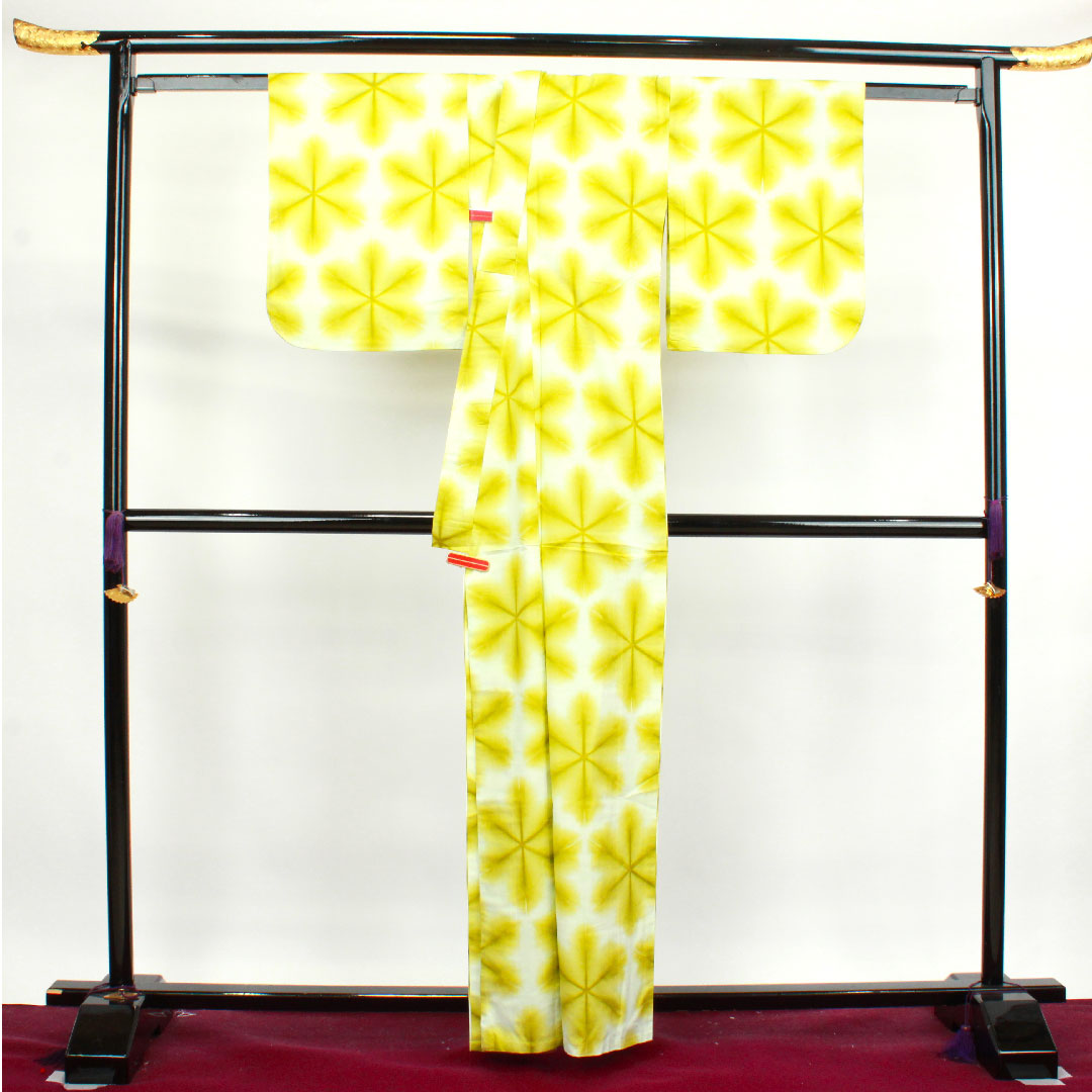 (New, unused item) Yukata, Yukihana-shibori, with basting thread, unused item, Habu-iro, Asanoha, Board-jime-shibori, Cotton, NEW rank, Single layer, Length 162cm, Sleeve length 65.5cm, Yellow, 1118003911423