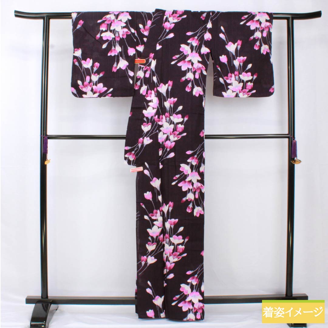 浴衣 木綿 身丈163cm 裄丈66.5cm Sランク 単衣 紫系 紫黒色(しこくしょく) 鉄線 1118005282420