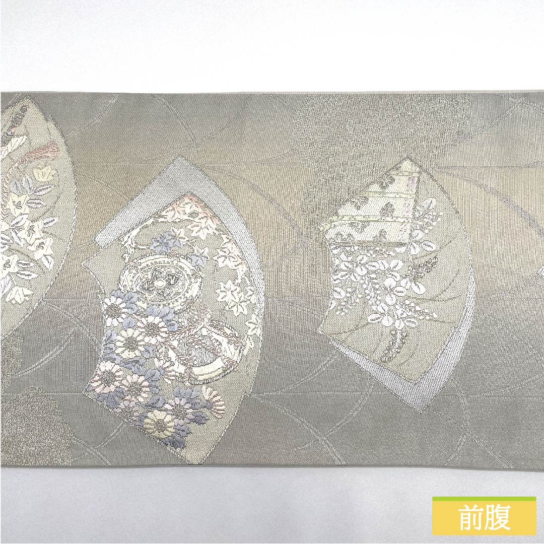 Fukuro Obi (Sash) - Pure Silk, Light Gray, Fan Pattern, Bellflower, Drum, Autumn Leaves, Length 428cm, A Rank, Six-way, Formal, Gray, 1123011823322