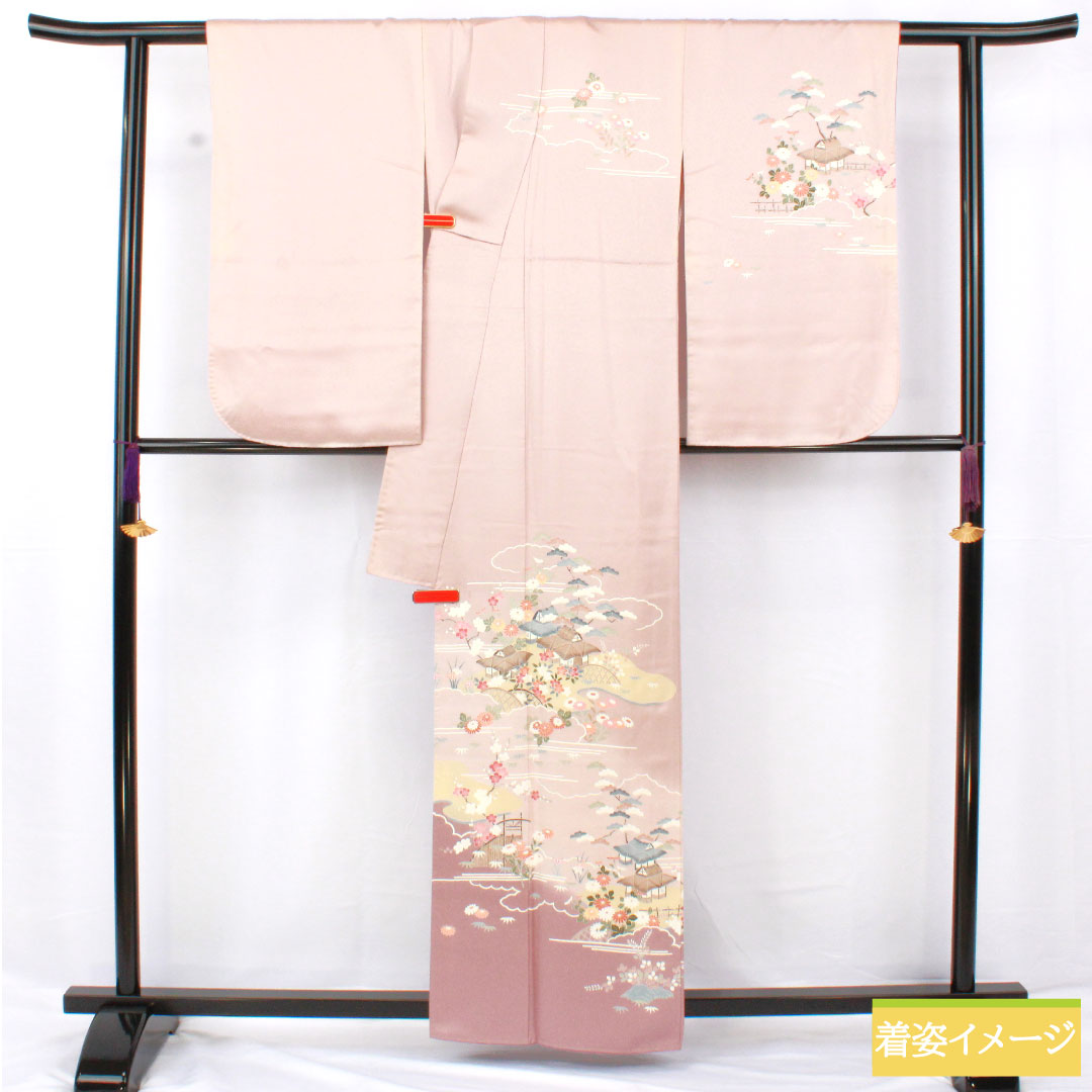訪問着 正絹 袷 身丈160.5cm 裄丈63cm 白梅色(しらうめいろ) 京友禅 茶屋辻模様 Bランク ピンク系 1112005894413