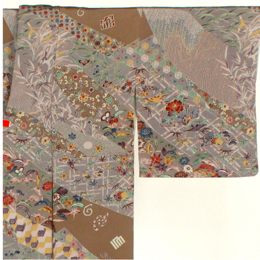 Homongi (formal kimono) Length 165.5cm Sleeve length 66cm Kyoto Bingata Genjiko Flower pattern Pure silk A rank Gray 1112001453522