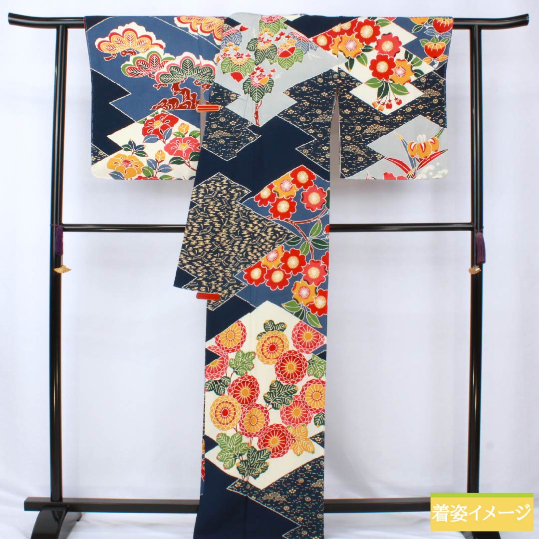 訪問着 正絹 Aランク 袷 身丈164.5cm 裄丈68cm 紺色(こんいろ) 京紅型 栗山吉三郎 栗山公房 紺系 1112006443418