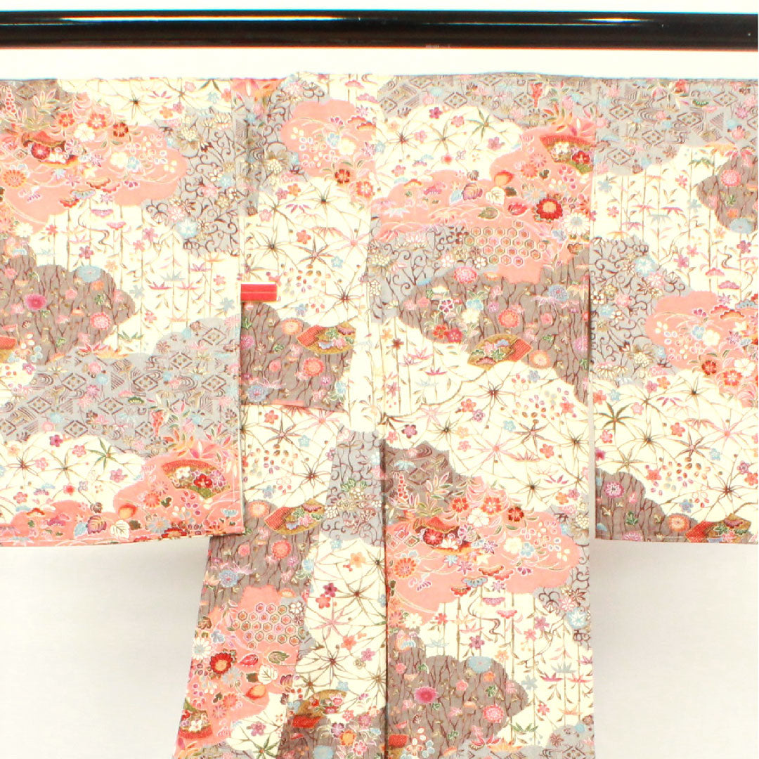 Komon, Length 164.5cm, Sleeve length 63cm, Awase, Neri-iro, Floral pattern, Pure silk, S rank, Cream color, 1115002832415