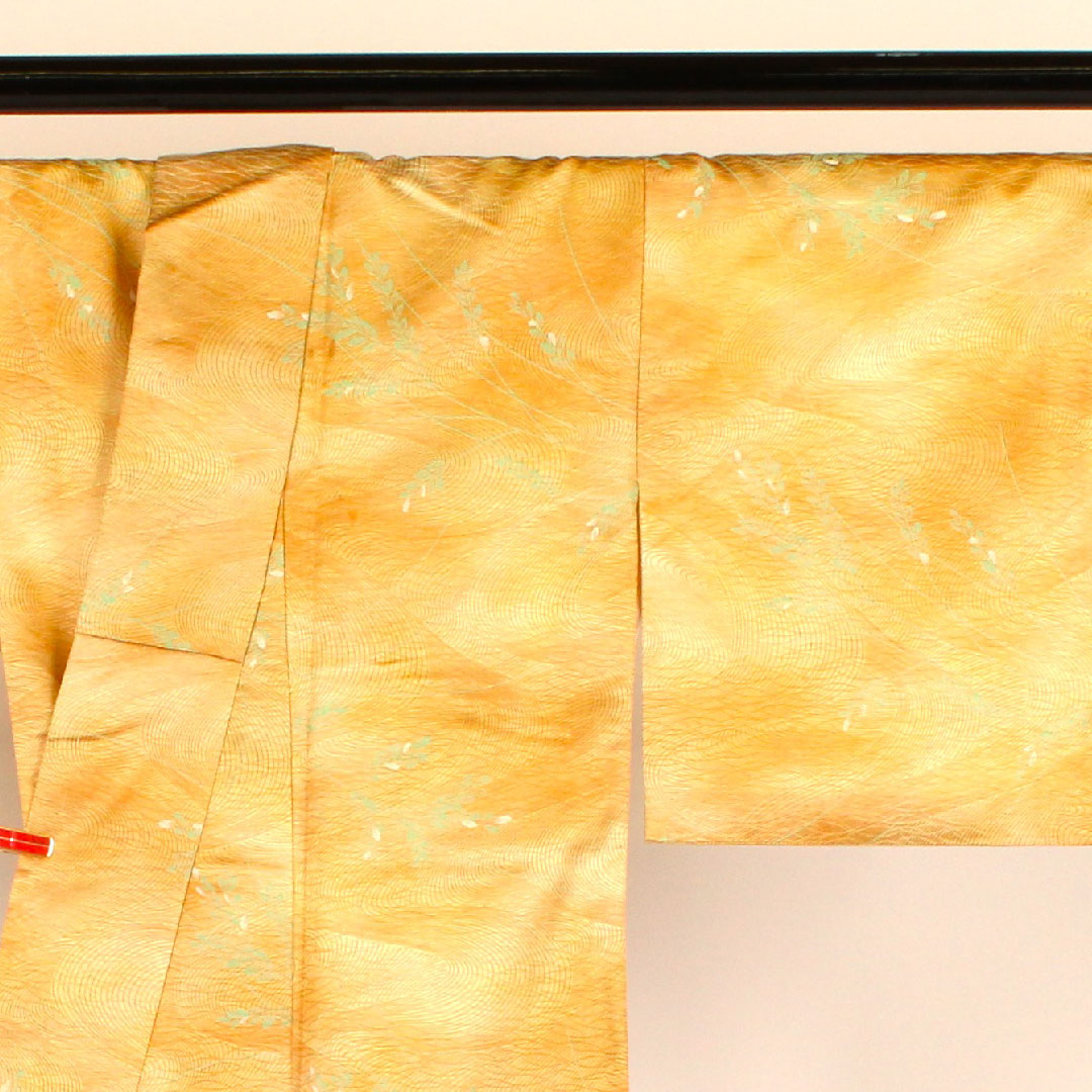 小紋 身丈147.5cm 裄丈61.5cm 袷 洗える着物 流水に葉 ポリ Aランク 黄系 1115000213123