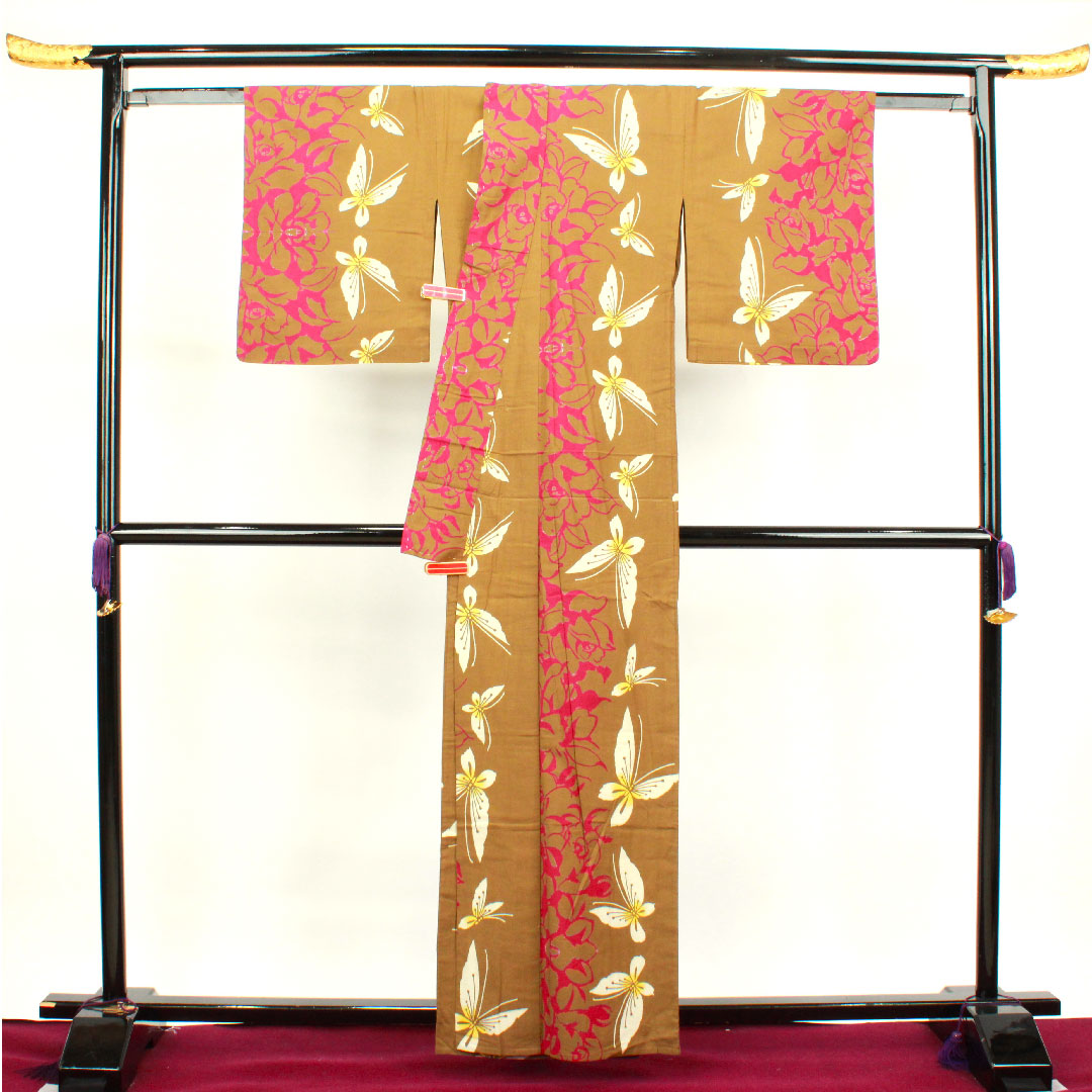 Yukata Kyara color butterfly rose cotton A rank single layer length 160.5cm sleeve length 64.5cm brown 1118001743414