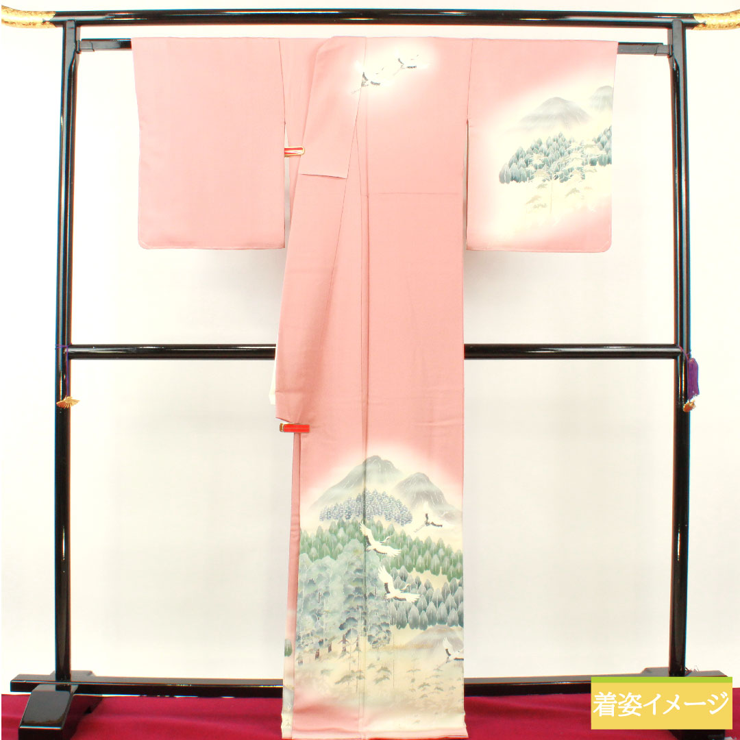 訪問着 正絹 袷 身丈170.5cm 裄丈69.5cm 一重梅色(ひとえうめいろ) 京友禅 比翼仕立て 風景模様 鶴 三つ紋 Sランク ピンク系 1112004612613