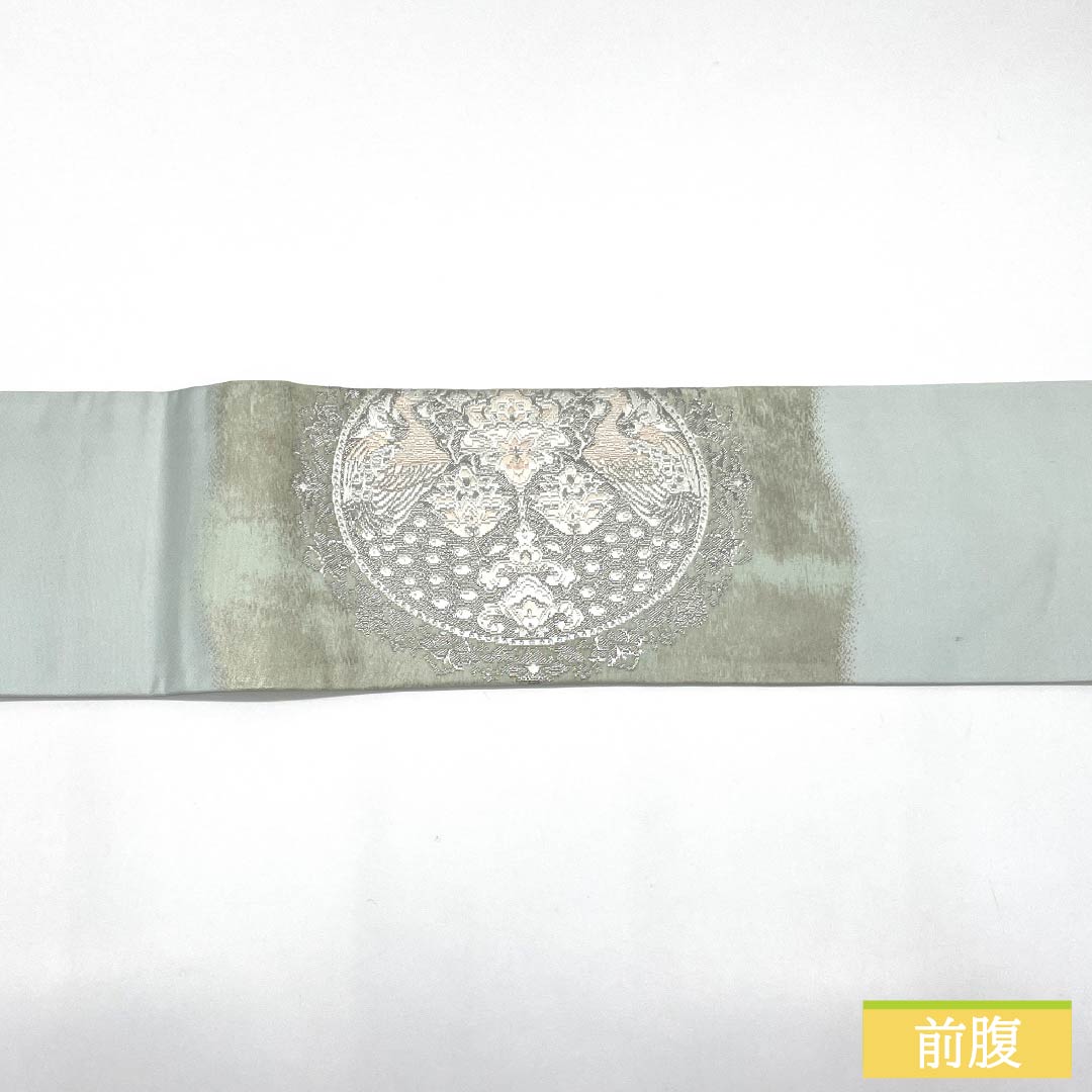 名古屋帯 正絹 Aランク 薄緑色(うすみどりいろ) 引箔 プラチナ箔 華紋 帯丈350cm ポイント柄 セミフォーマル 水色系 1124010713324 名古屋仕立て