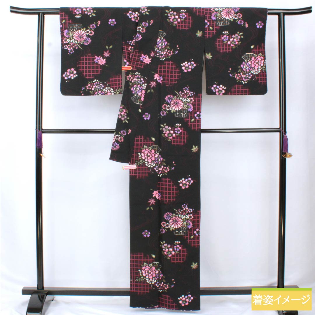 Komon (small pattern) kimono, polyester, length 163cm, sleeve length 67cm, lined, flower basket design, washable, rank A, black, product number 1115005893410