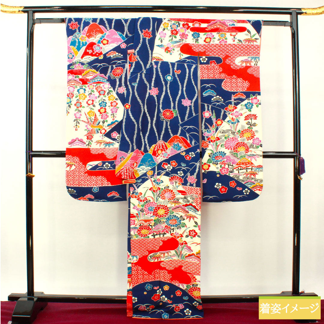 振袖 正絹 身丈165cm 裄丈66cm 袷 瑠璃色(るりいろ) 京紅型 吉祥文様 Aランク 紺系 1113002053518
