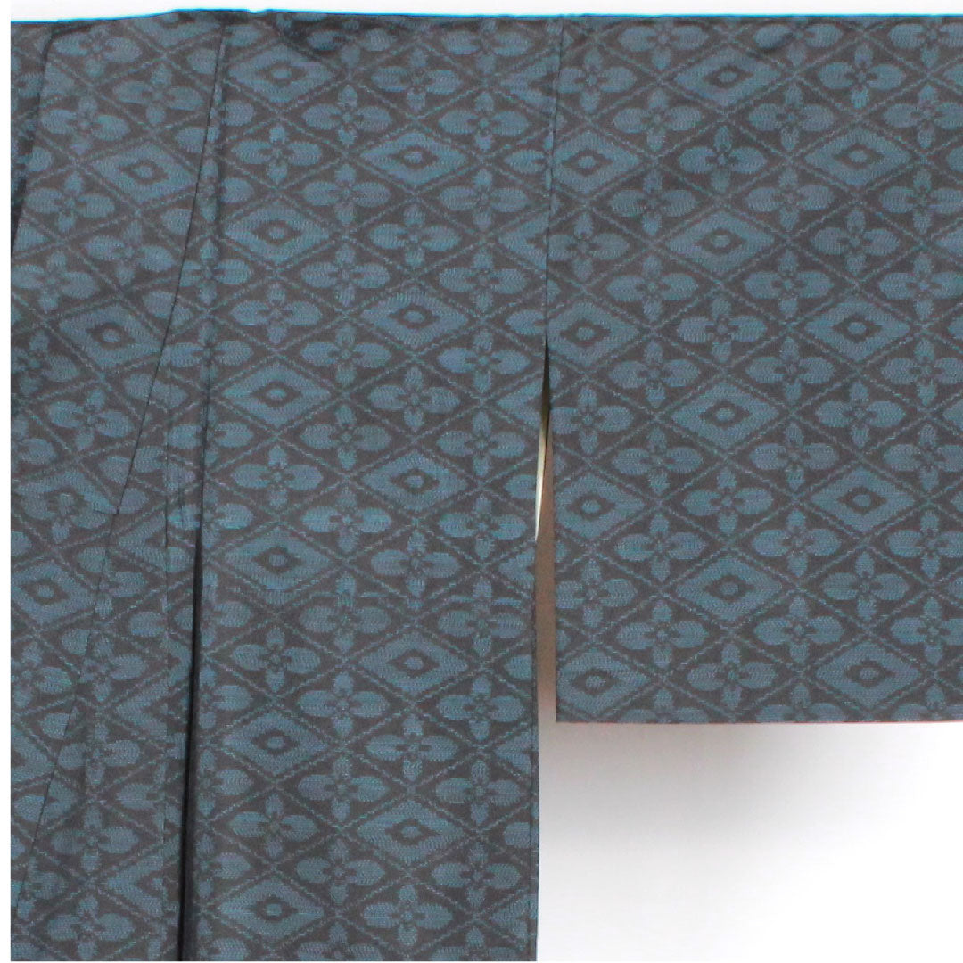 Oshima Tsumugi, Length 148.5cm, Sleeve length 66cm, Weft-total Kasuri, Tortoiseshell pattern, Pure silk, A-rank, Lined, Navy blue, 1116001673118