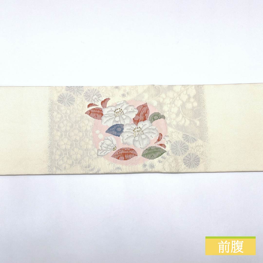 Nagoya Obi, Milky White (Nyuhakushokuiro) Design, Chinese Flowers, Chrysanthemums, and Peony, 350cm Long, Pure Silk, Grade A, Pointed Pattern, Semi-Formal, Cream, Item Number: 1124008453315, Nagoya Style
