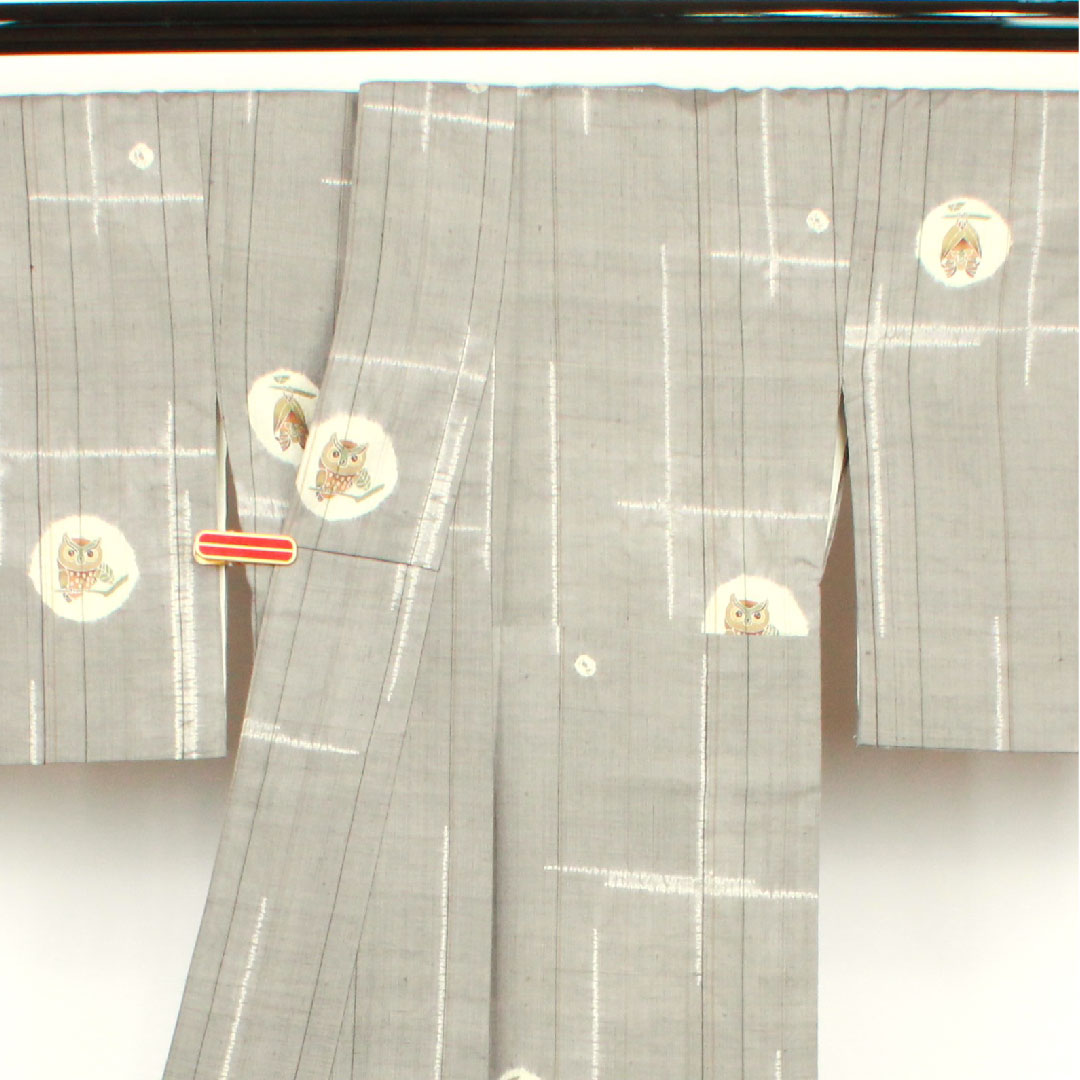 Tsumugi, Length 166cm, Sleeve length 67cm, Gray, Shibori, Owl, Pure silk, S rank, Awase, Gray, 1116002022522