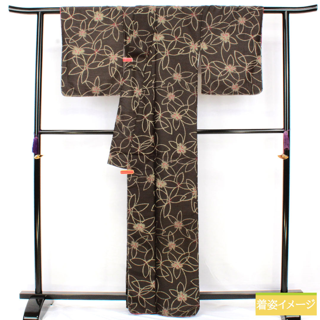 Small pattern, polyester, length 163.5cm, sleeve length 66cm, lined, black oak color, washable kimono, abstract flower, basting thread included, unused, S rank, black, 1115004932410