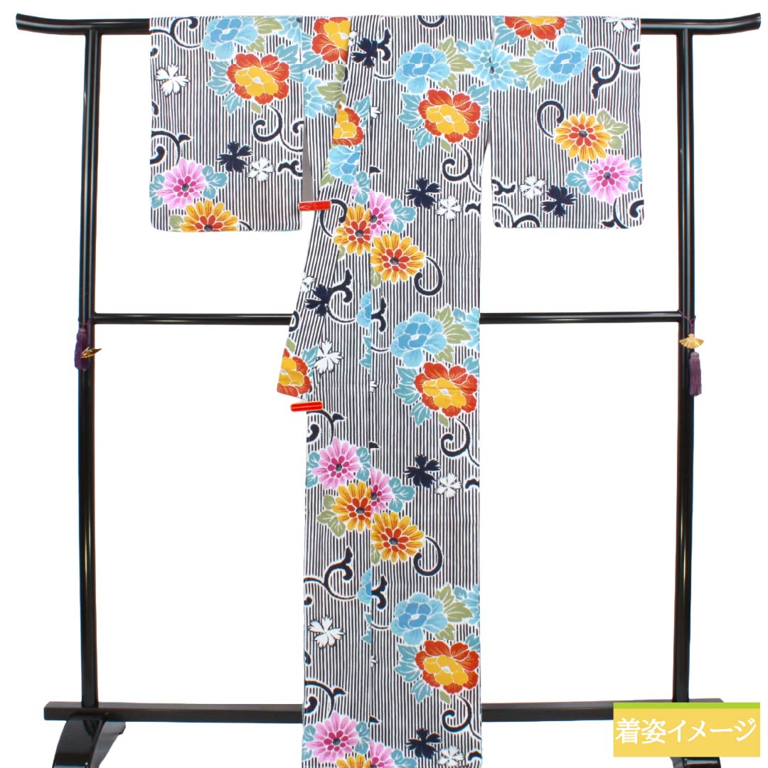 浴衣 木綿 Sランク 身丈166.5cm 裄丈67cm 白色 縞 草花 型染 単衣 白系 1118006892511