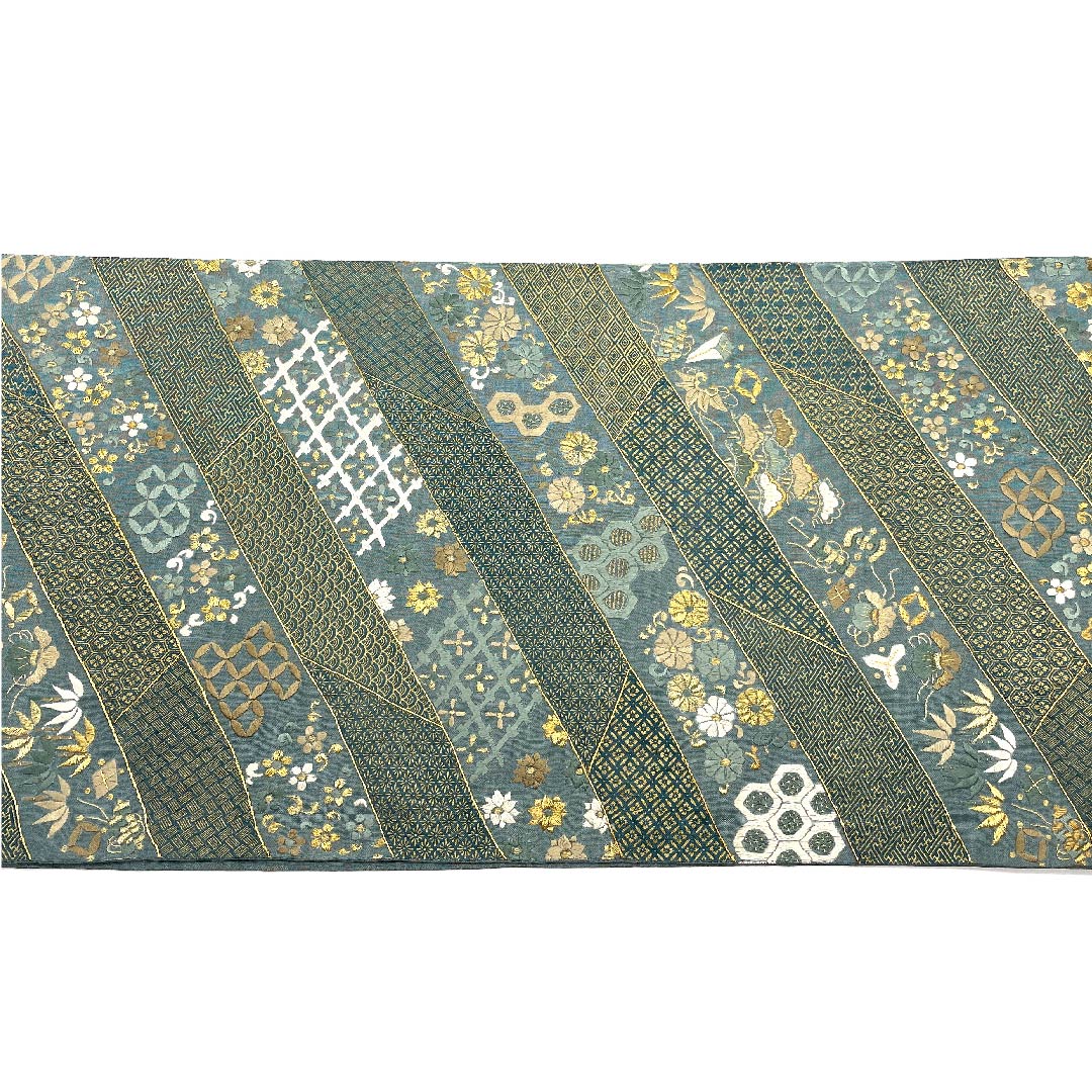 Fukuro obi (indigo brown) with embroidery, auspicious motifs, homaku (treasure scroll), flower arabesque pattern, obi length 430cm, pure silk, S rank, six-pass, formal, green, 1123008142319