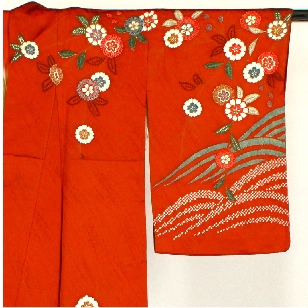 Homongi, lined, length 158cm, sleeve length 64cm, tie-dyed, floral pattern, pure silk, B rank, brown, 1112001044314
