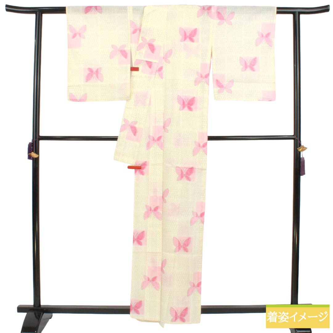 Summer cotton Tsumugi S-rank; length 160.5cm, sleeve-to-sleeve 64cm; milky white, Ichimatsu pattern, butterflies, sheer fabric, white-based. 1132003762411