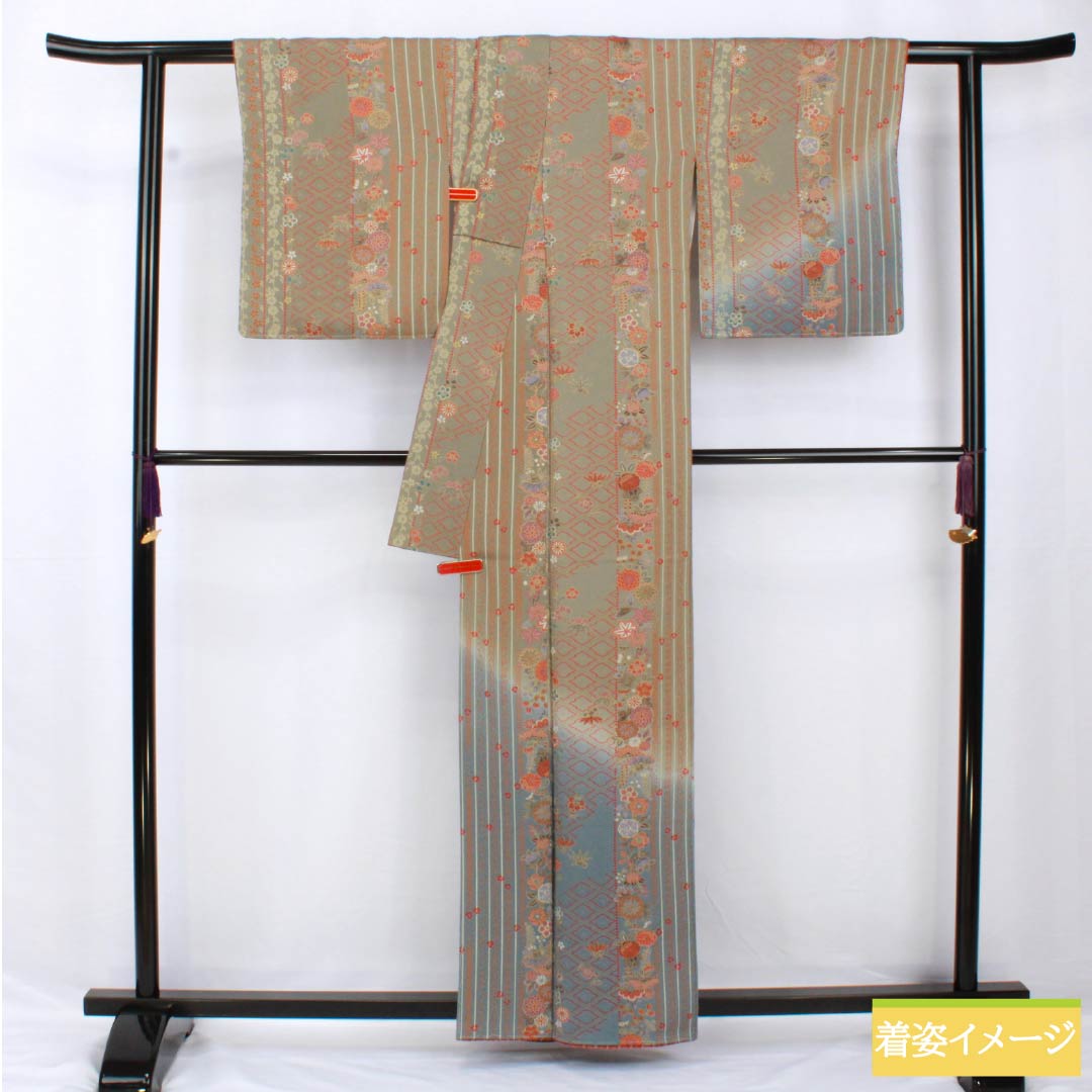 訪問着 正絹 袷 身丈160.5cm 裄丈65.5cm 利休鼠色(りきゅうねずみいろ) 型染 縞 花柄 Sランク グレー系 1112006042422