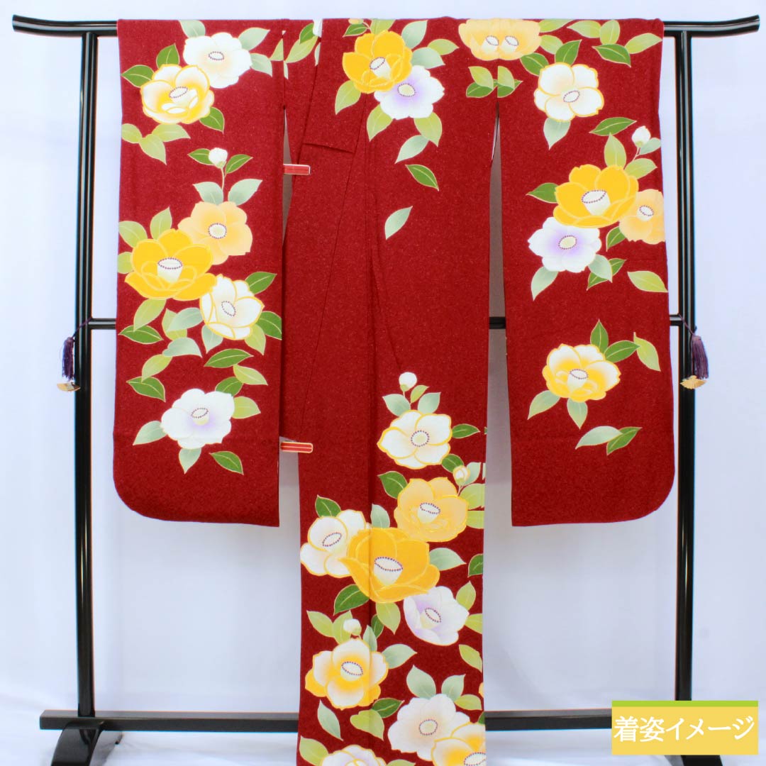 振袖 正絹 Sランク 身丈175.5cm 裄丈71.5cm 袷 紅赤色(べにあかいろ) 椿 さわやかガード加工 銀通し 赤系 1113002202812
