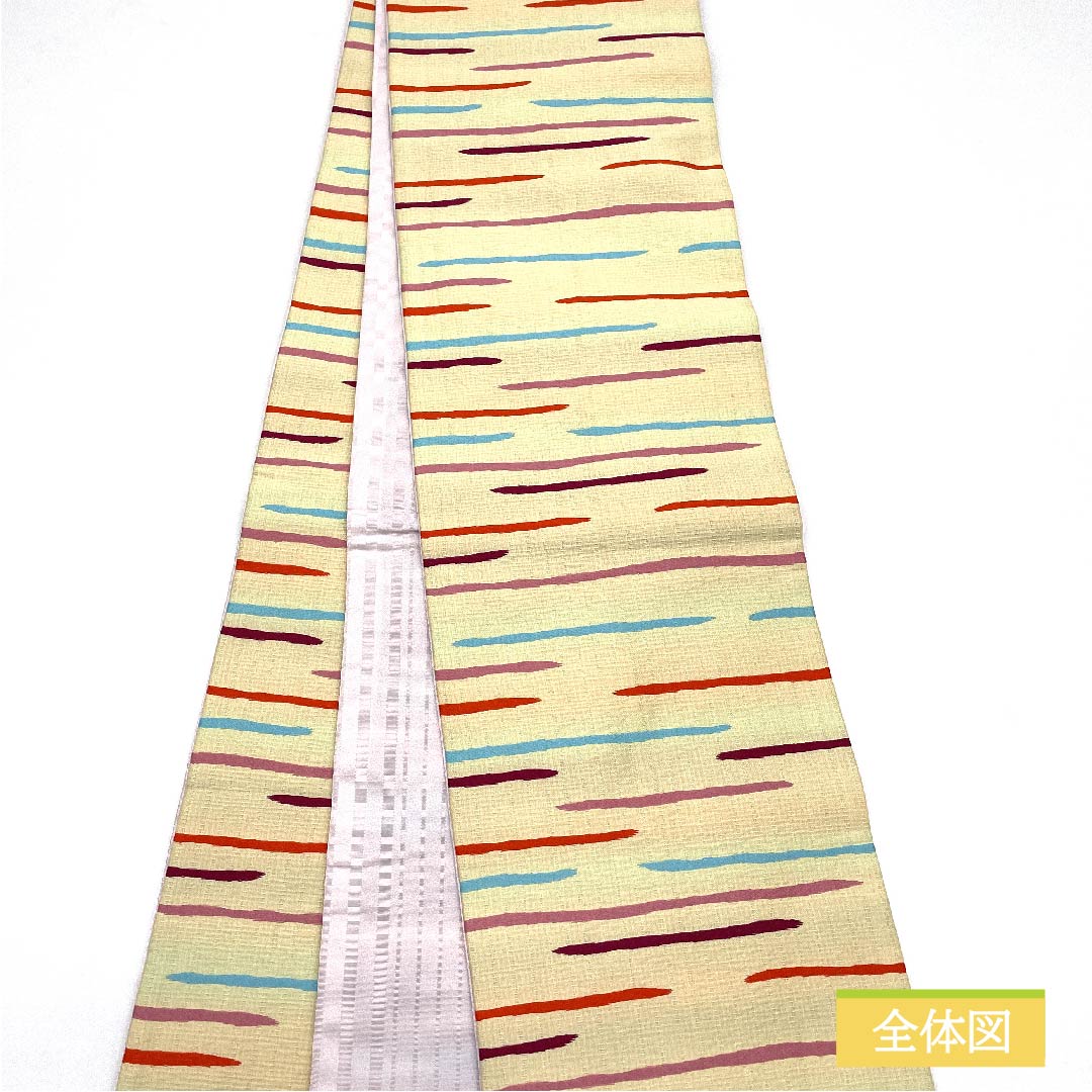 Half-width obi, polyester, Gyoshikou, geometric pattern, horizontal lines, colorful, obi length 394cm, cream color, S rank, 1125000892315