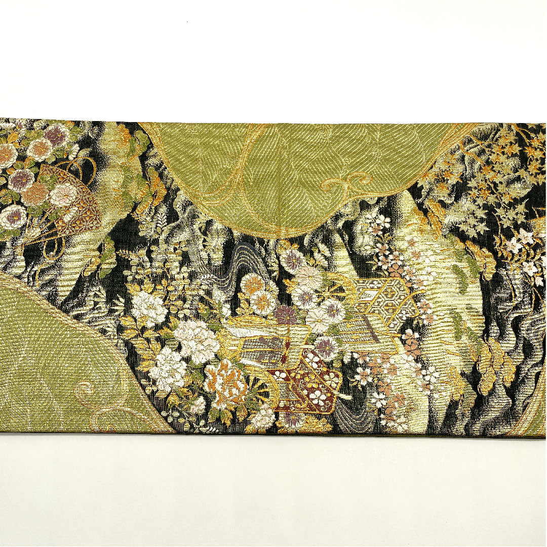 袋帯 百入茶色(ももしおちゃいろ) 吉祥文様 松竹梅 御所車 帯丈432cm 正絹 Sランク 六通 フォーマル 緑系 1123005262319