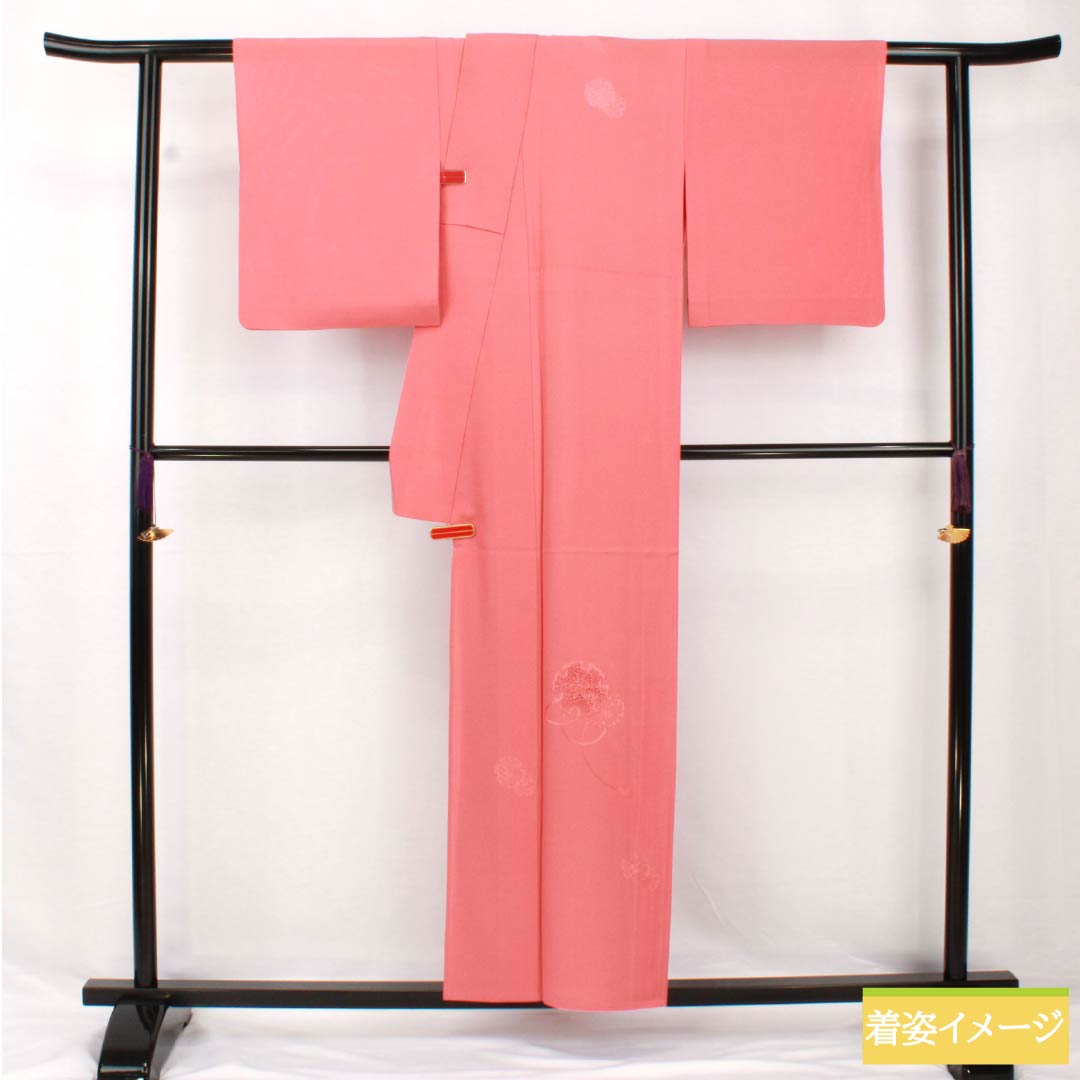 夏物 正絹 訪問着 身丈157cm 裄丈64.5cm 紅梅色(こうばいいろ) 汕頭刺繍 雪輪 付下げ 絽 Sランク ピンク系 1132002012313