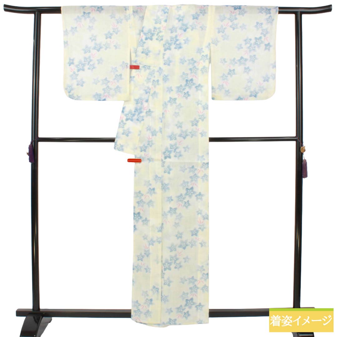 夏物 麻 紬 Sランク 身丈158.5cm 裄丈64cm 白百合色(しらゆりいろ) 夏上布 縮 花柄 紗 白系 1132003622311