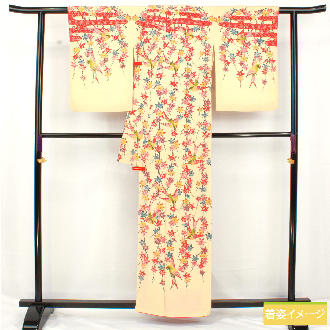 訪問着 正絹 袷 身丈158.5cm 裄丈65cm 密陀僧色(みつだそういろ) 京紅型 紅葉 鳥 Aランク クリーム系 1112005943315