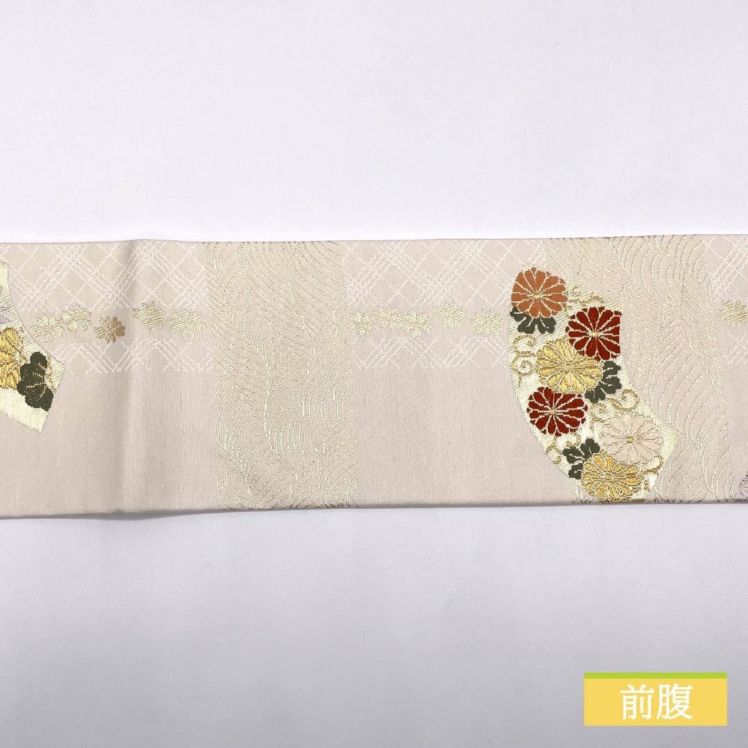 名古屋帯 胡粉色(ごふんいろ) 扇面 唐花 ねじり梅 帯丈348cm 正絹 Aランク 六通 セミフォーマル クリーム系 1124008523315 名古屋仕立て