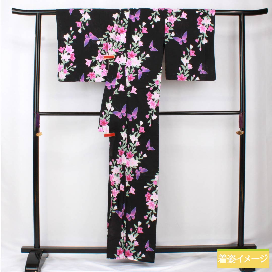 Cotton Yukata, Length 163cm, Sleeve Length 64cm, S Rank, Single Layer, Black, Iron Wire, Butterfly Design, 1118006082410