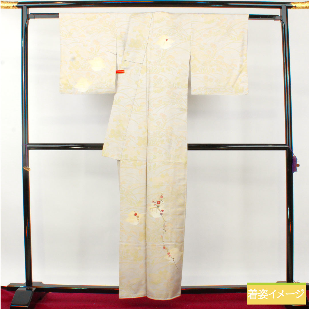訪問着 正絹 袷 身丈159.5cm 裄丈64.5cm 銀白色(ぎんはくしょく) 京友禅 吉祥文様 Sランク グレー系 1112004772322