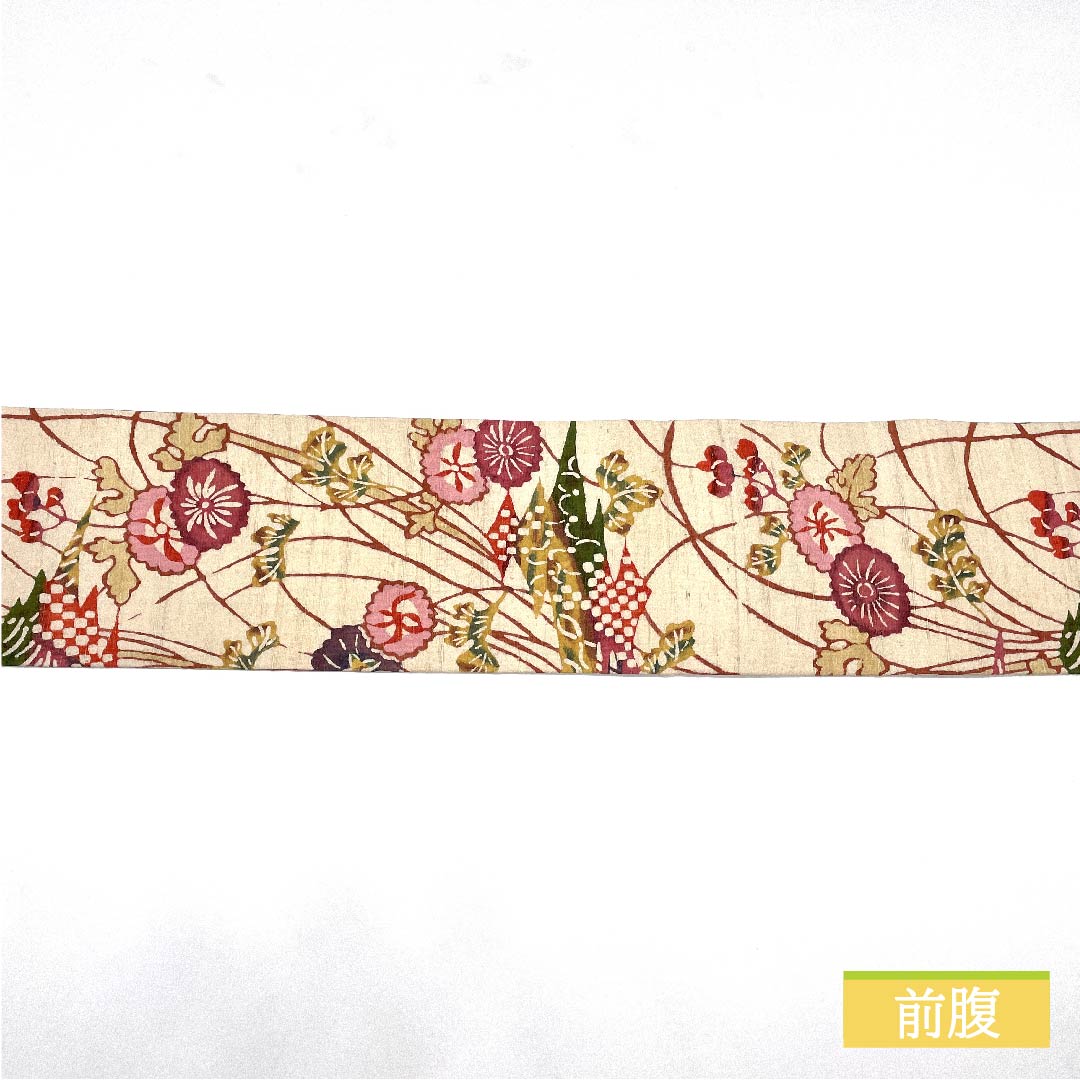 Nagoya obi, off-white, ivy leaves, cosmos, bingata pattern, obi length 360cm, pure silk, S rank, full length, casual, cream color, 1124006462315, Nagoya style
