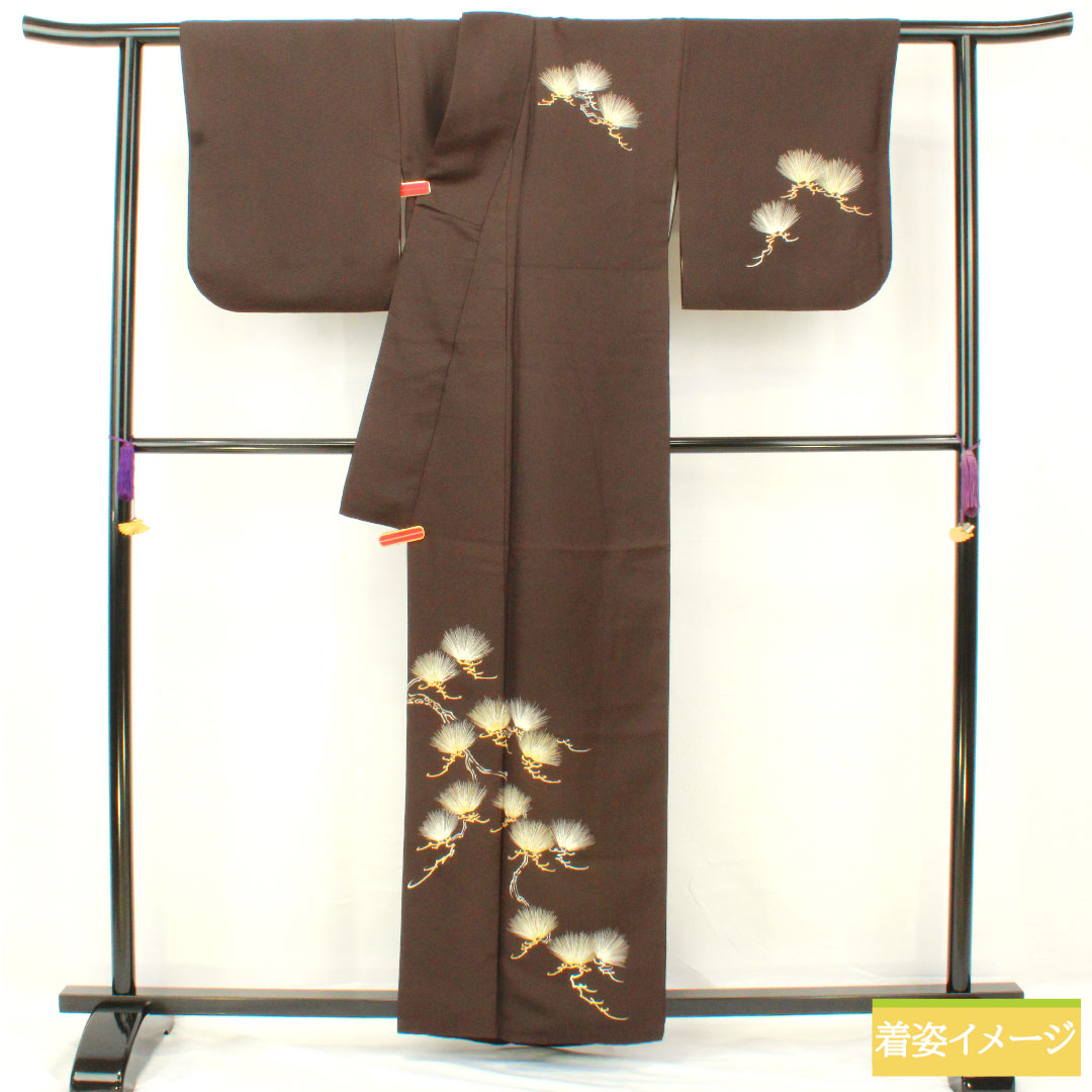 訪問着 正絹 袷 身丈161cm 裄丈65.5cm 茶黒色(ちゃぐろいろ) 京友禅 松 一つ紋 丸に木瓜 Aランク 茶系 1112005033414