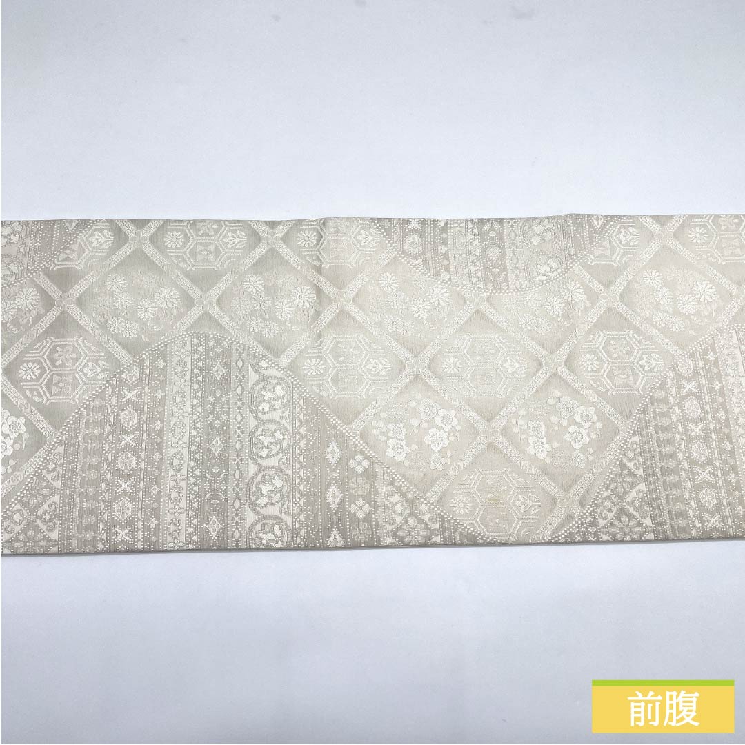 Fukuro Obi, pure silk, chalk color, flower circle pattern, diamond pattern, obi length 460cm, A rank, full length, semi-formal, white, 1123012213411