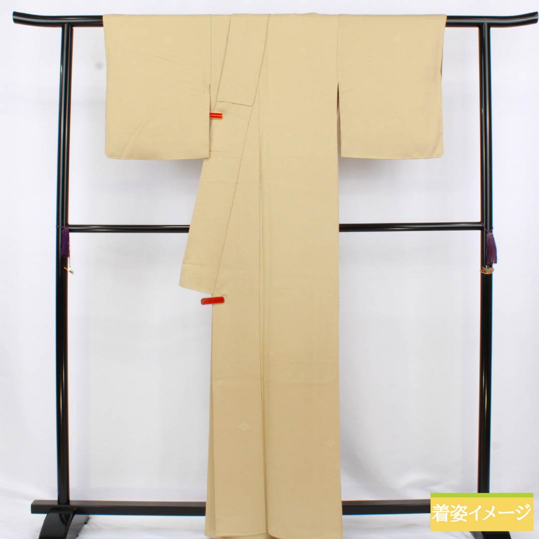 色無地 正絹 Aランク 身丈162cm 裄丈64cm 枯野色(かれのいろ) 綸子 菊 袷 ベージュ系 1114002253425