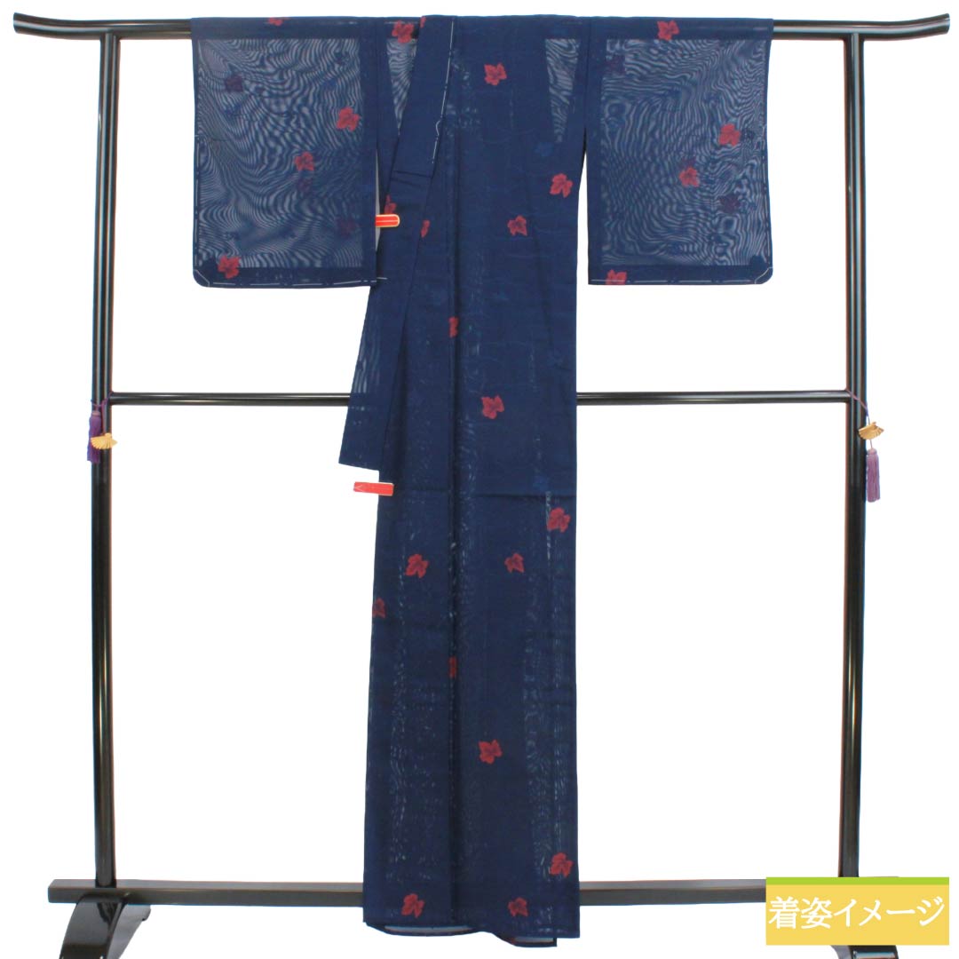 夏物 正絹 お召 Sランク 身丈161.5cm 裄丈64cm 紺色(こんいろ) 露芝 葉っぱ 紗 紺系 1132004342418