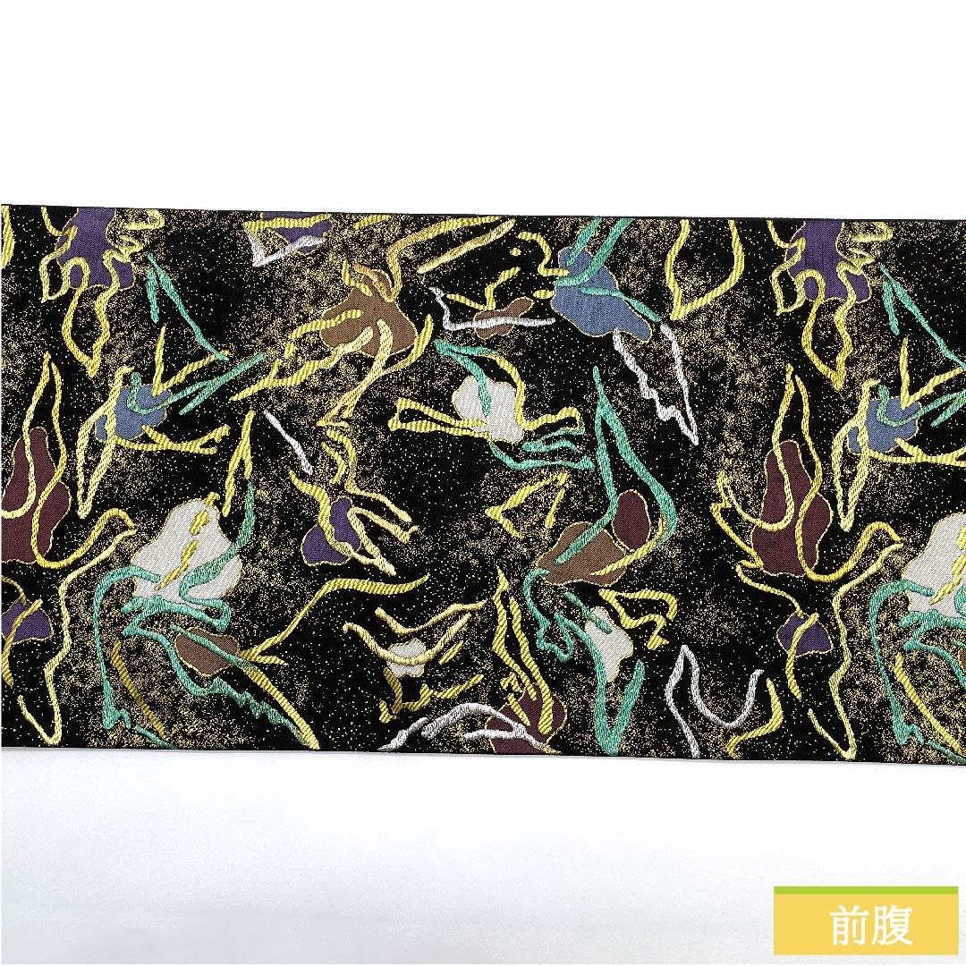 Black fukuro obi with abstract pattern, MODA CREOLE, obi length 430cm, pure silk, S rank, six-pass, semi-formal, black, 1123009912310