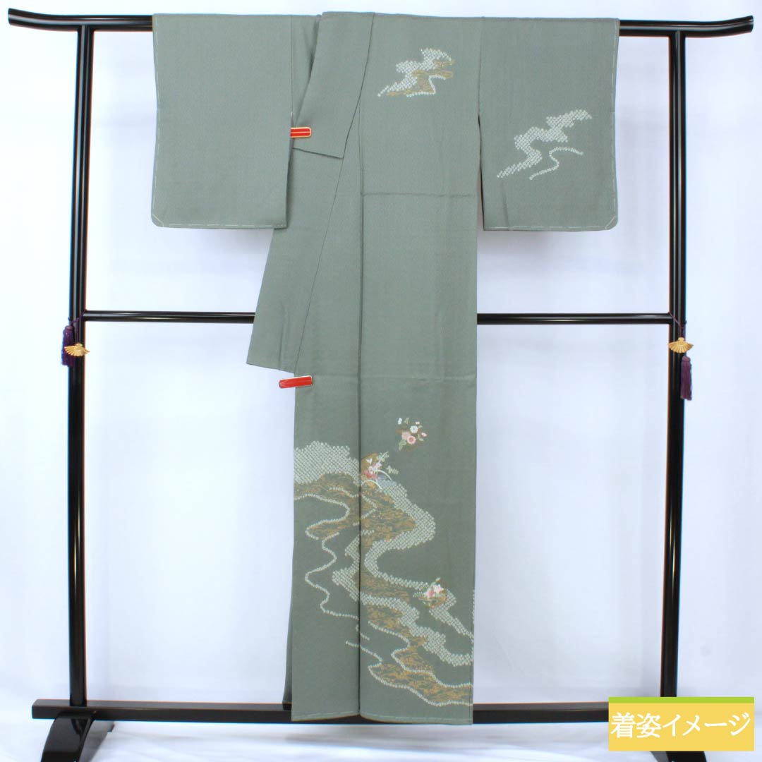 訪問着 正絹 Sランク 袷 身丈153.5cm 裄丈62.5cm 深川鼠色(ふかがわねずいろ) 絞り 蘇州刺繡 紗綾形 流水 小花 緑系 1112007112219