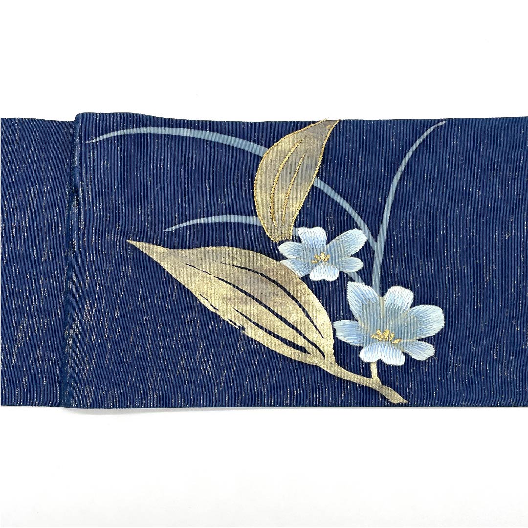 Nagoya obi, navy blue, floral pattern, embroidery, obi length 387.5cm, pure silk, A rank, point pattern, semi-formal, blue, 1124003203317, Nagoya style