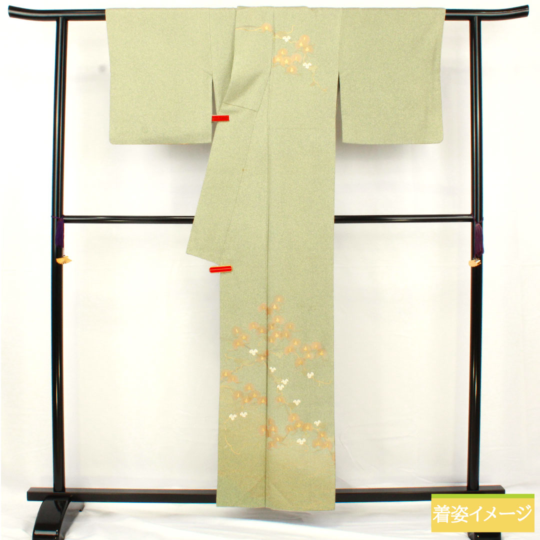 訪問着 正絹 袷 身丈155cm 裄丈62cm 裏葉色(うらはいろ) 京友禅 タタキ染 草花模様 作家物 Aランク 緑系 1112005413319