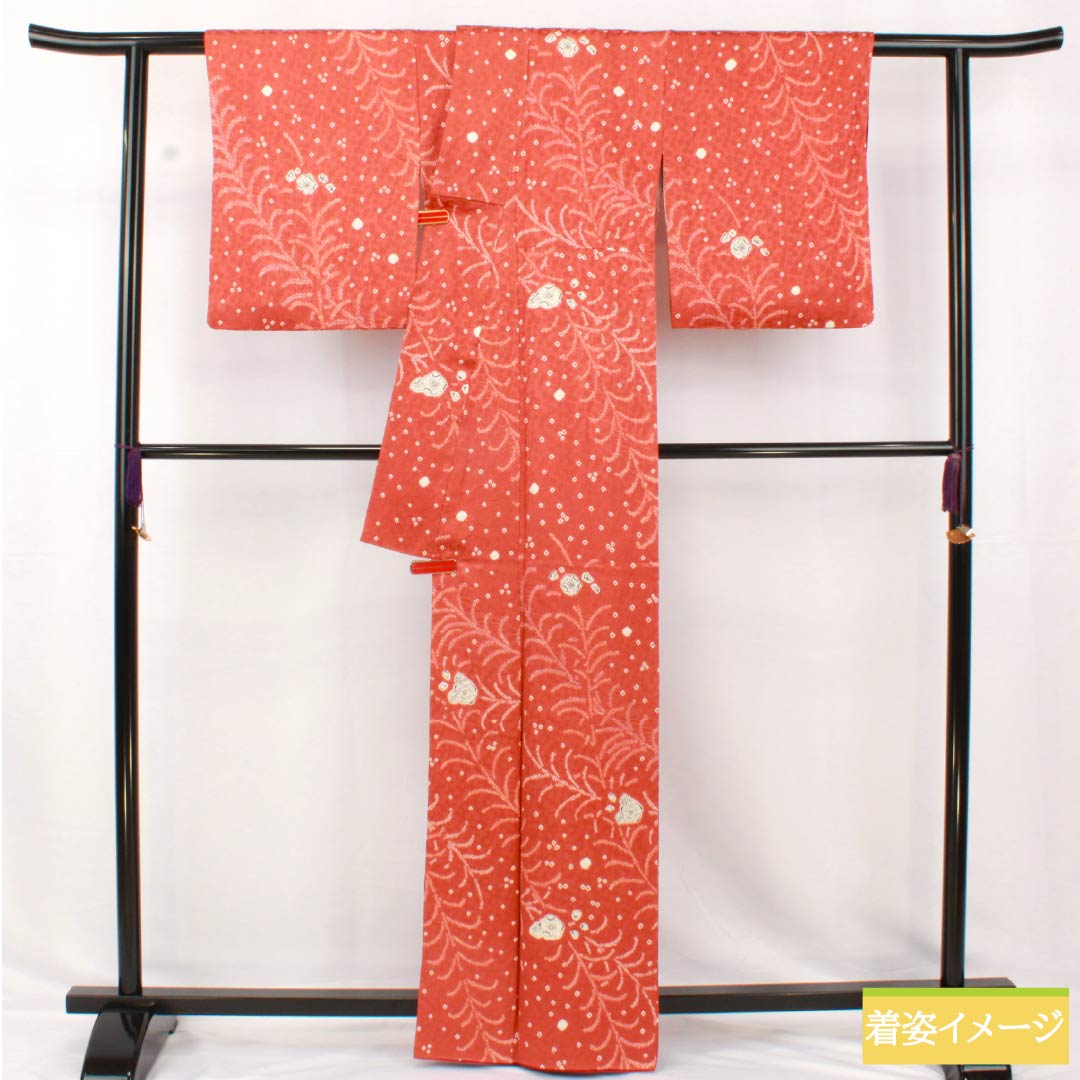 Komon, pure silk, length 163cm, sleeve length 65cm, lined, scarlet copper color, tie-dye, Tsujigahana, S rank, vermilion, 1115005242416