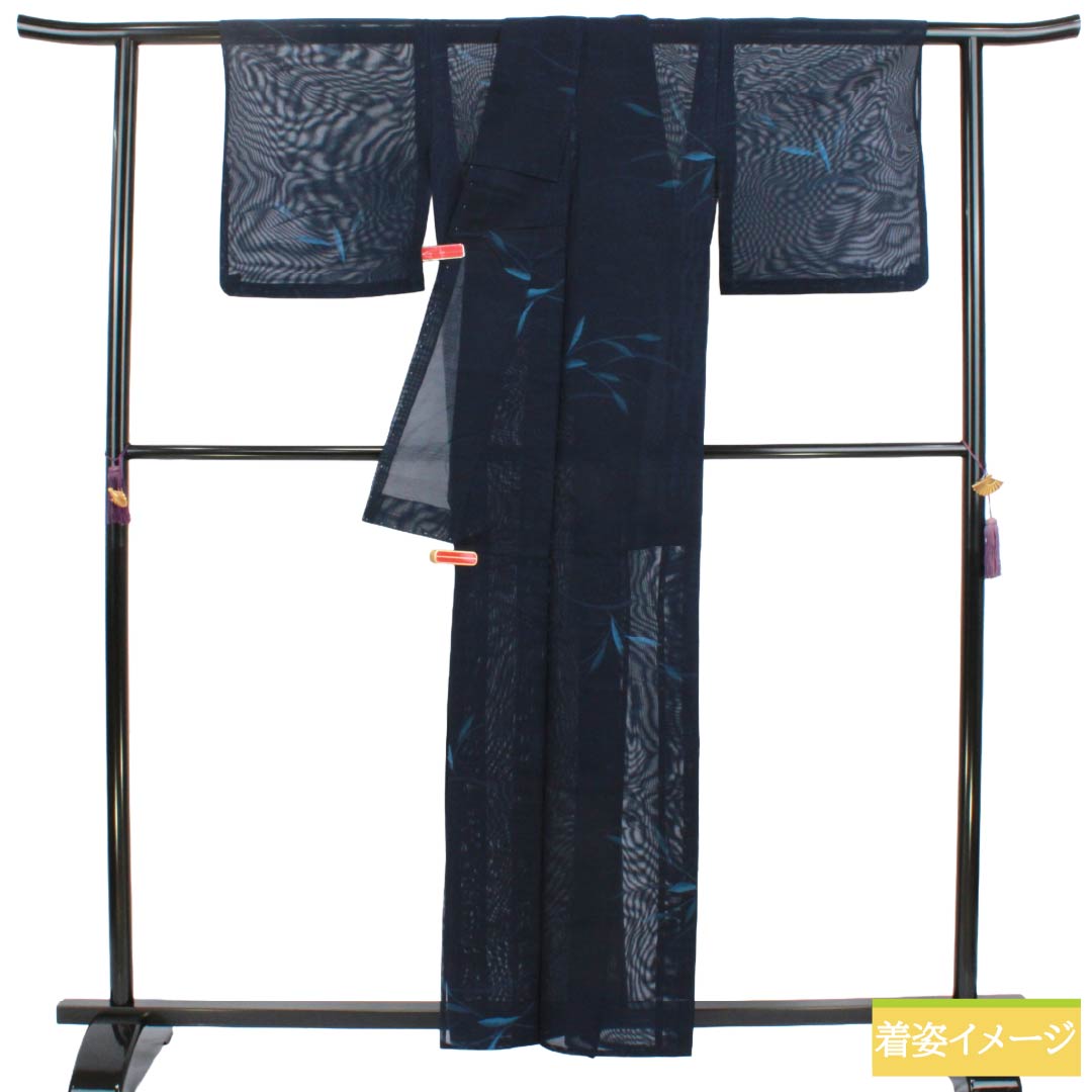 夏物 正絹 お召 Sランク 身丈158cm 裄丈62cm 紺色(こんいろ) 露芝 草花模様 紗 紺系 1132004282318